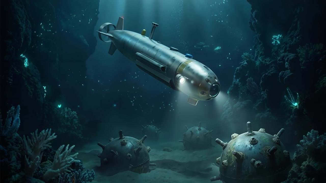 Veicolo sommergibile che naviga attraverso le acque profonde dell'oceano vicino a mine navali subacquee e barriere coralline.