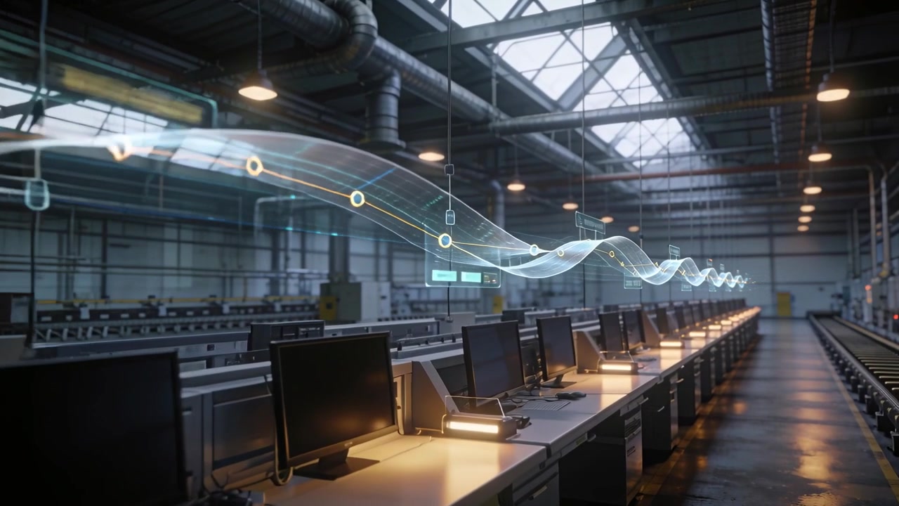 Appearing from left, holo ribbon traveling in factory hall, showing metrics above operator desks