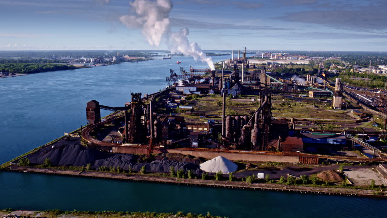 Aerial cinematic footage of a drone flying gracefully around the bridge connecting the U.S. and Canada