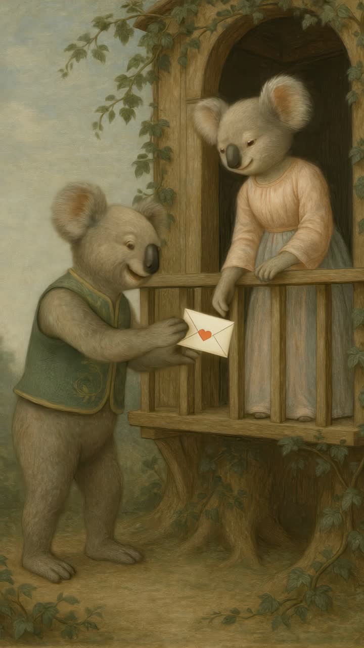 Finurlig illustration af koalaer, der udveksler et brev på en træhusterrasse