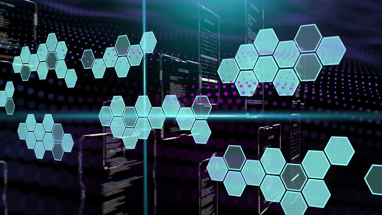 Camera shifting right, teal hex clusters drifting, reconfiguring and pulsing, visualizing data