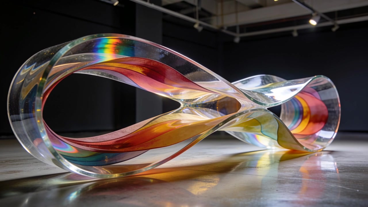 Câmera em movimento revelando uma escultura de fita transparente torcida no chão de uma galeria, para mostrar camadas de cor.