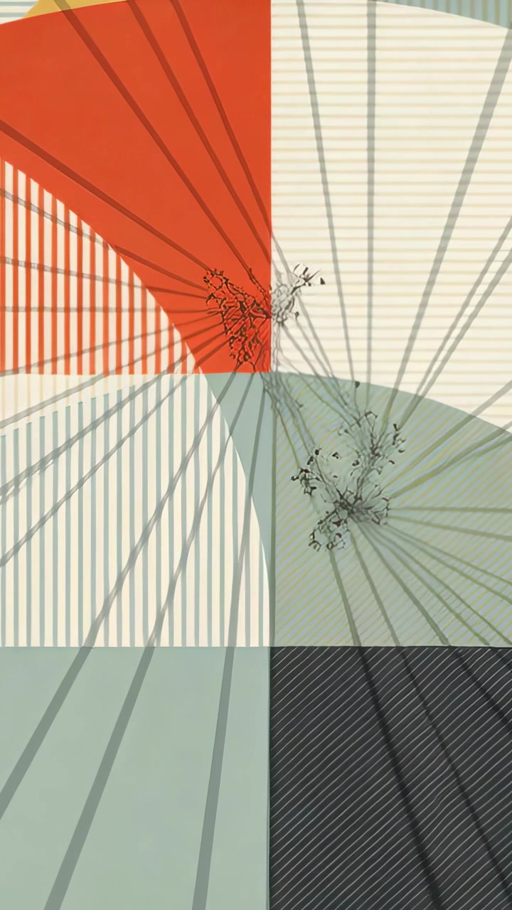 Vertical video: Merging black rods making fine radial lines, cracking vertical four-quadrant screen