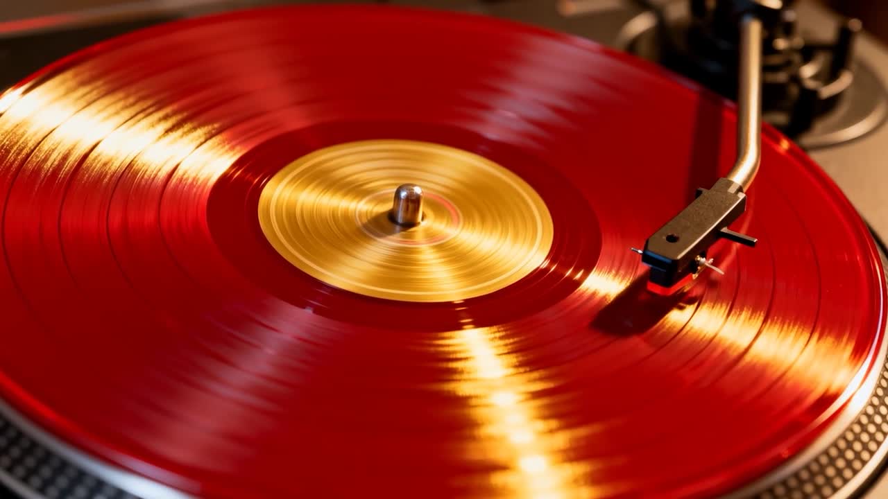 Avvio del motore, disco in vinile rosso che gira sul giradischi per riprodurre musica, etichetta dorata e braccio