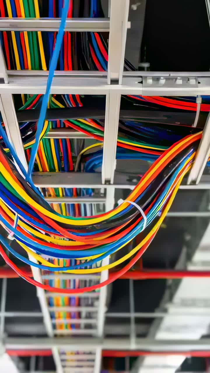 Vertical video: Panning cam showing colored cables on ladder tray in ceiling for routing, zip ties