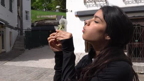 young woman outdoor blowing on dandelions, seeds scattering in sunlight. closeup shot, side view