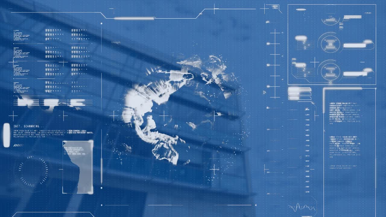 데이터 처리 및 도시 풍경 위의 지구의 애니메이션