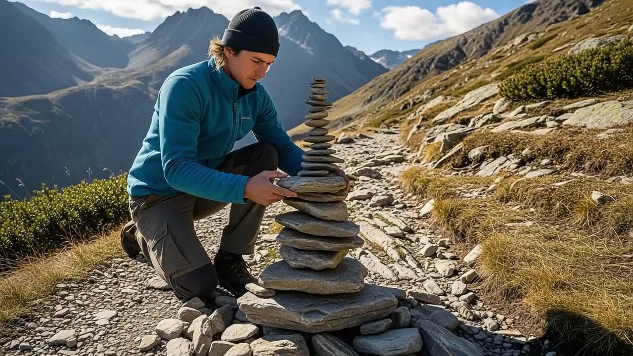 A Dedicated Hiker Carefully Balances Stones to Create a Stunning Inukshuk at High Altitude, Surrounded by Majestic Mountains and Scenic Nature