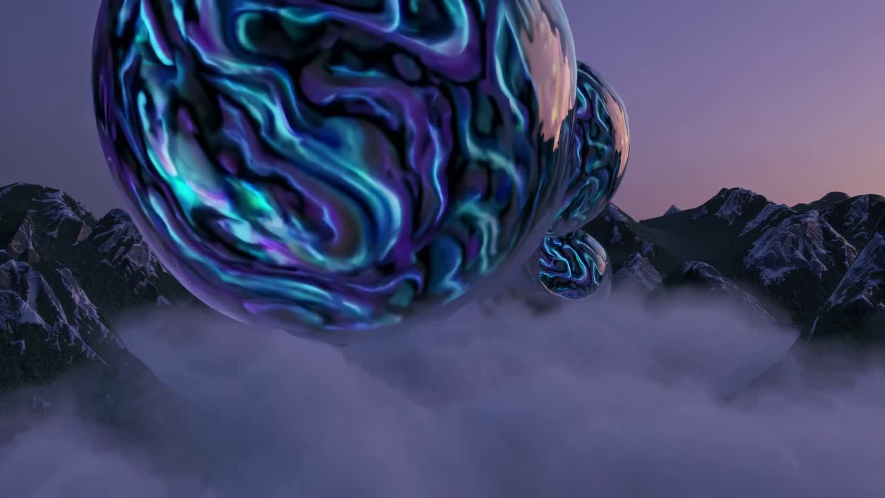 esferas flotantes sobre montañas de niebla