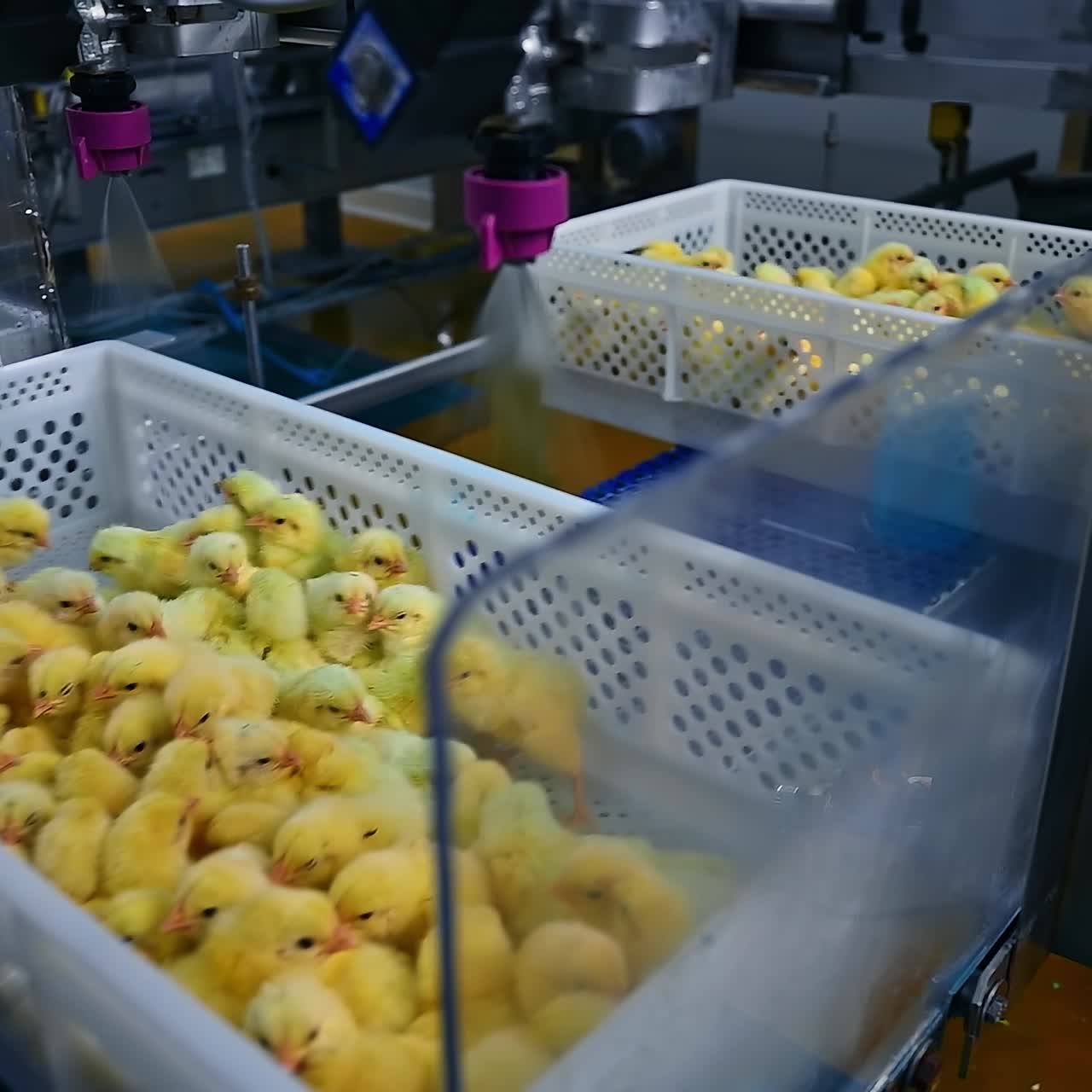 Industry of poultry. Little chicks moving in box on conveyor line and automatically vaccinated with a special sprayer