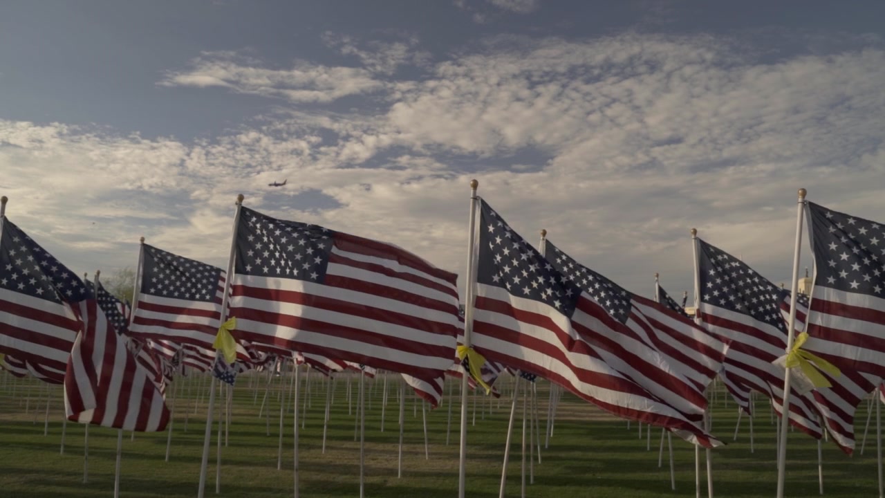 Rows of American flags wave in the wind at an outdoor memorial park. A small airplane flies through the cloudy sky above, creating a patriotic scene for Independence Day and national remembrance.