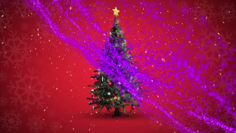animación de malla púrpura sobre el árbol de navidad y la nieve cayendo sobre un fondo rojo.