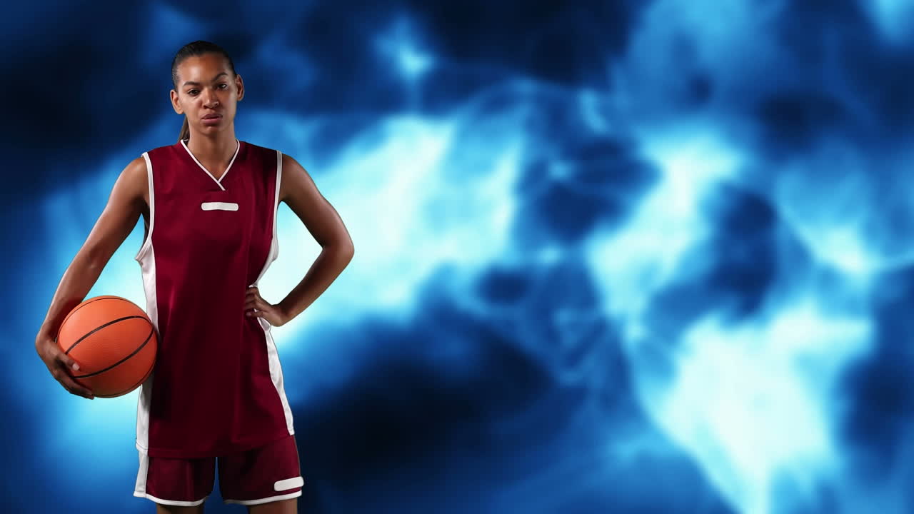 라이트 트레일 위에 공을 들고 있는 농구 선수의 애니메이션