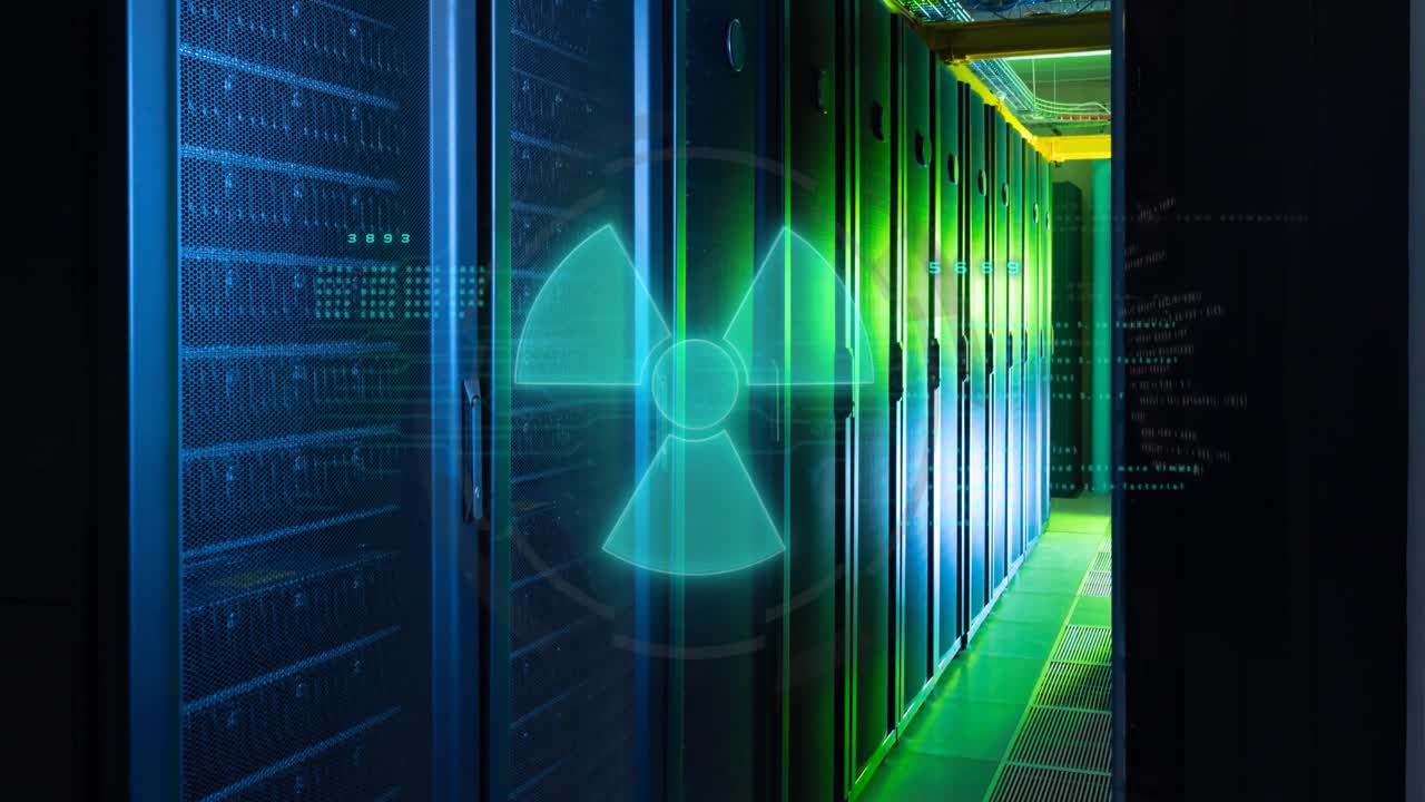 Animation of nuclear symbol over data processing and server room