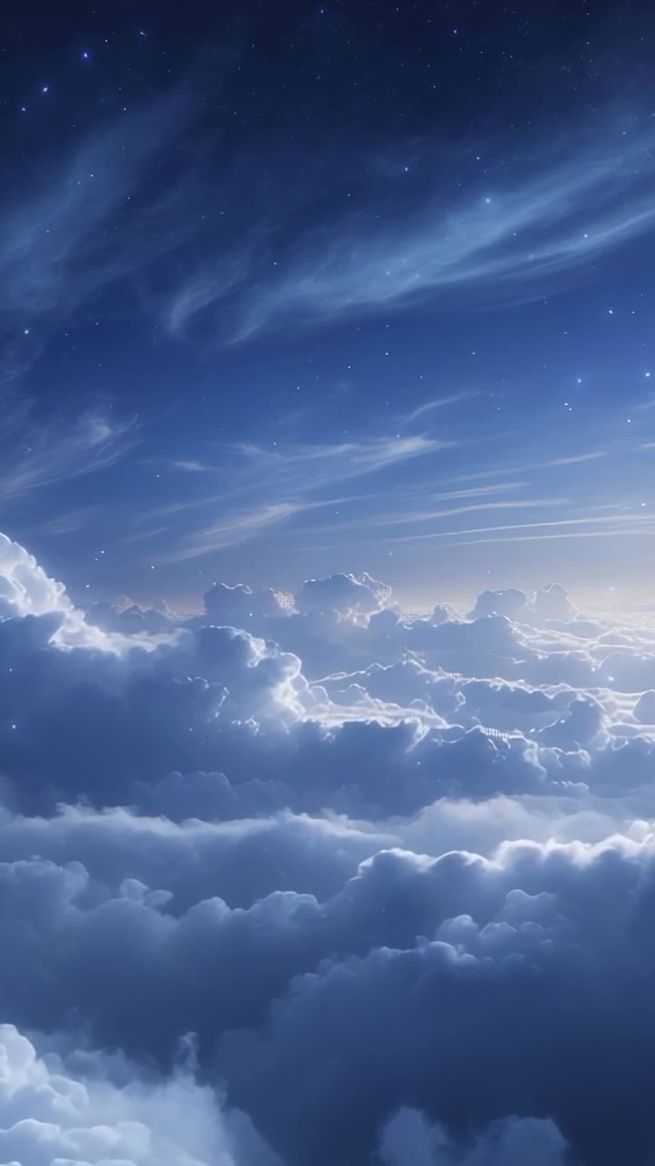 Vertical video: Opening cirrus streaks drifting and cumulus clouds shifting under stars and glow