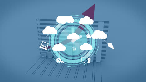 animation of clouds with icons over graph with arrow and moving clock