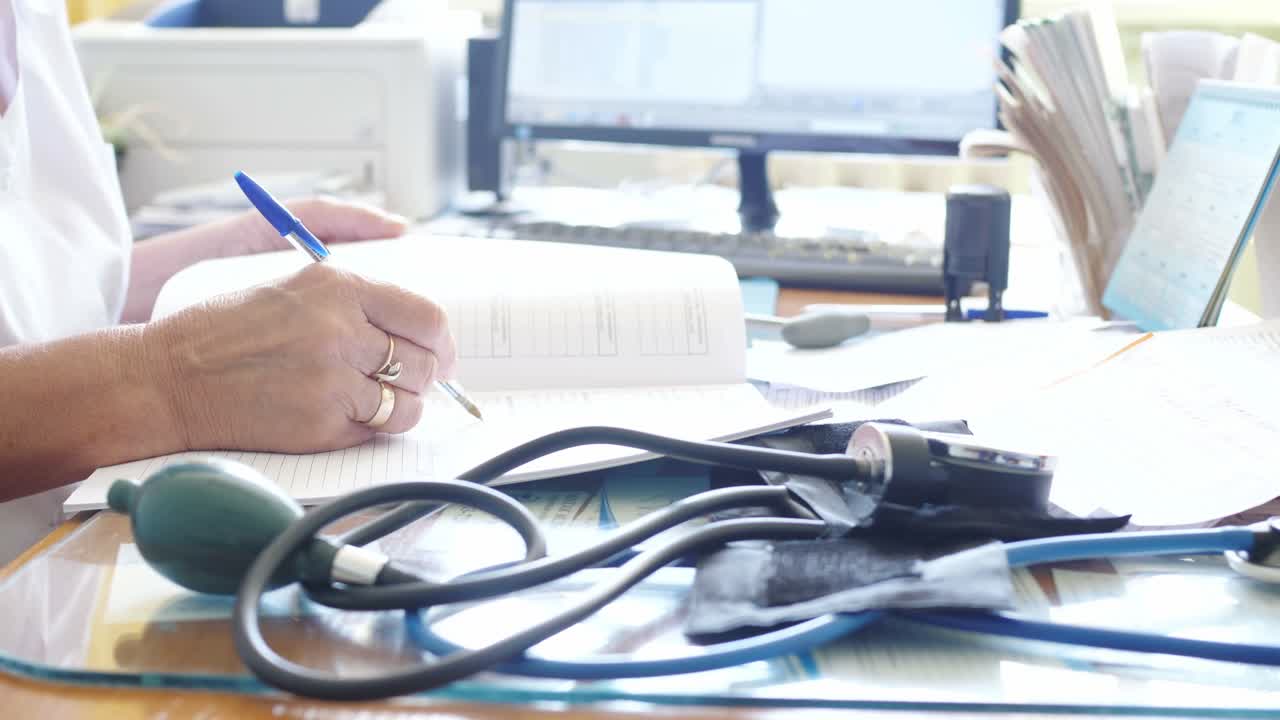 Doctor writing medical notes in a clinic