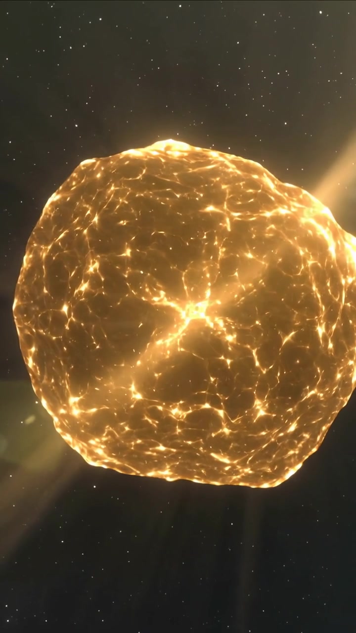 Vertical video: Rotating golden sphere shifting in deep space, with right flare revealing filaments