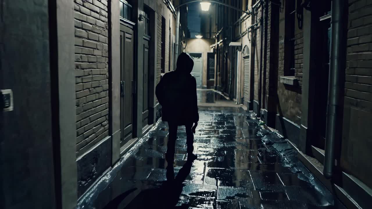 Moody video scene of a hooded figure walking down a dimly lit alley