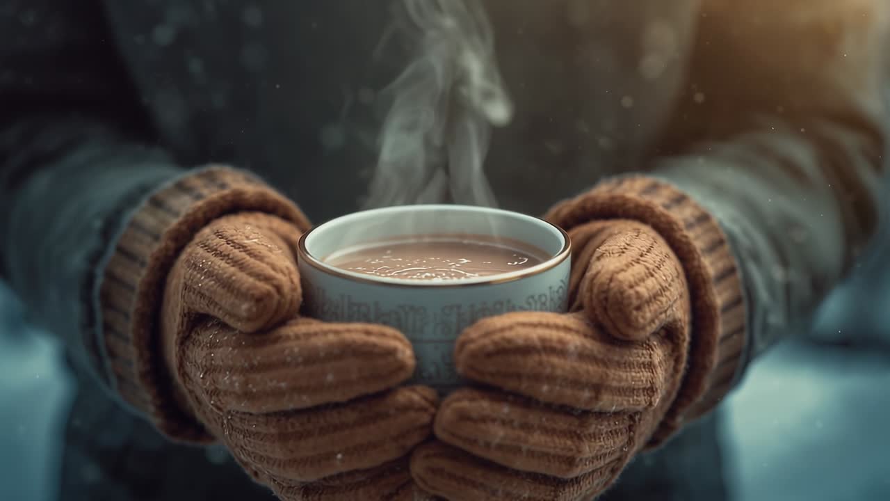 As snow starts falling, person wearing coat holding steaming mug outdoors with glistening gloves