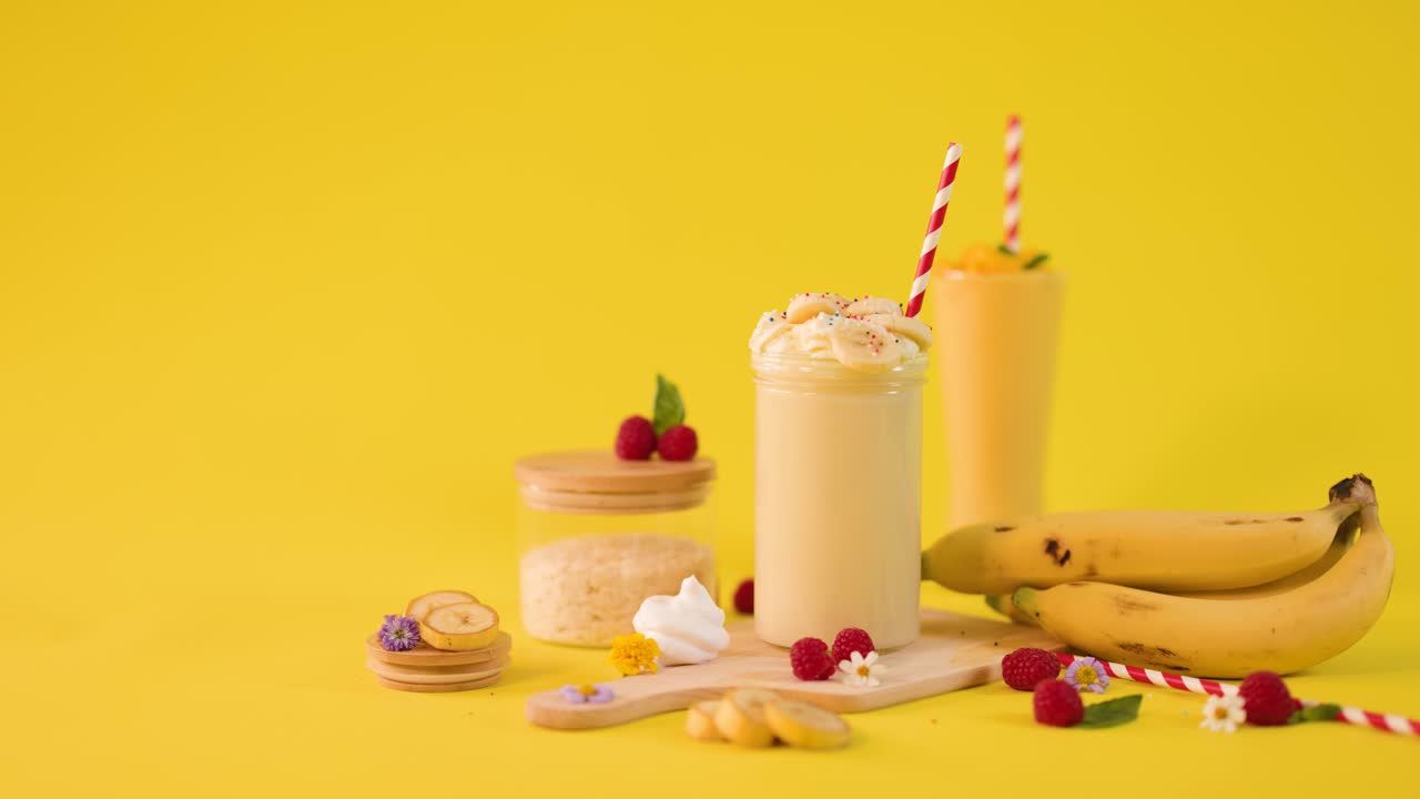 Una mano umana decora un cremoso smoothie alla banana con un ombrellino tra frutta tropicale su sfondo giallo brillante