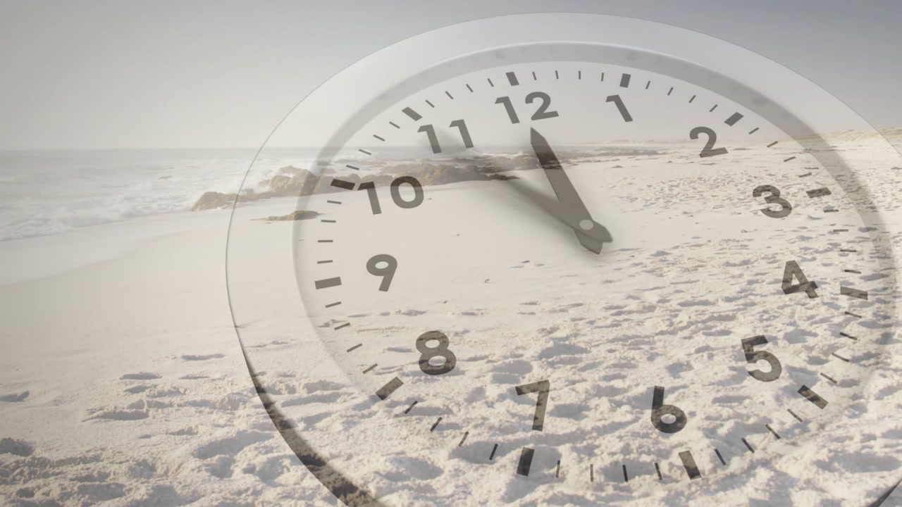 Transparent clock overlay appearing over sandy beach waves, hands rotating rapidly for time passing