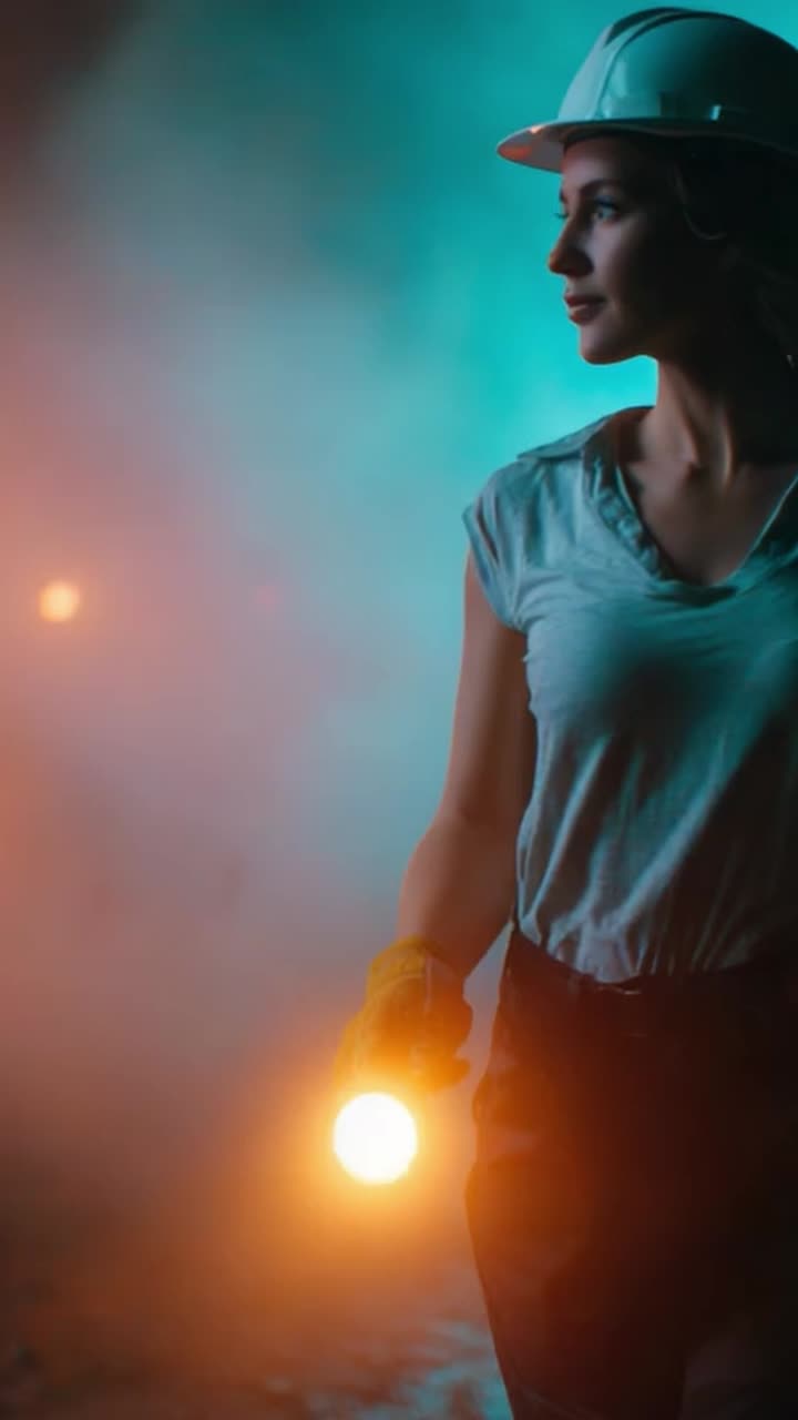 A determined woman explores a mysterious environment with a flashlight, embodying courage and resilience amidst colorful lights and swirling fog