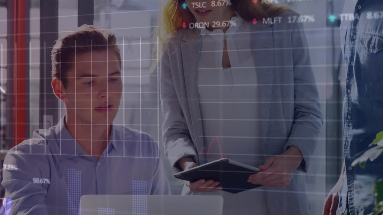 Animation of statistical data processing against diverse colleagues discussing over laptop at office