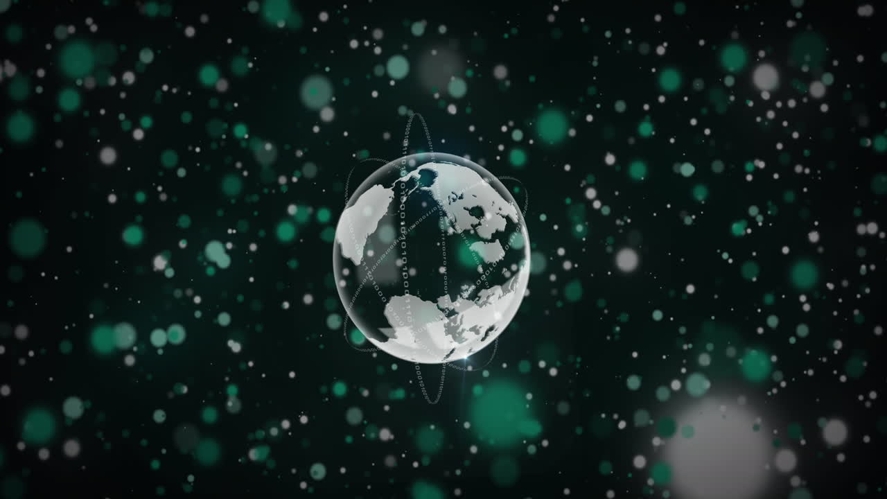 블랙 백그라운드에서 지구를 둘러싼 원을 형성하는 이진 코드와 함께 렌즈 플레어의 애니메이션