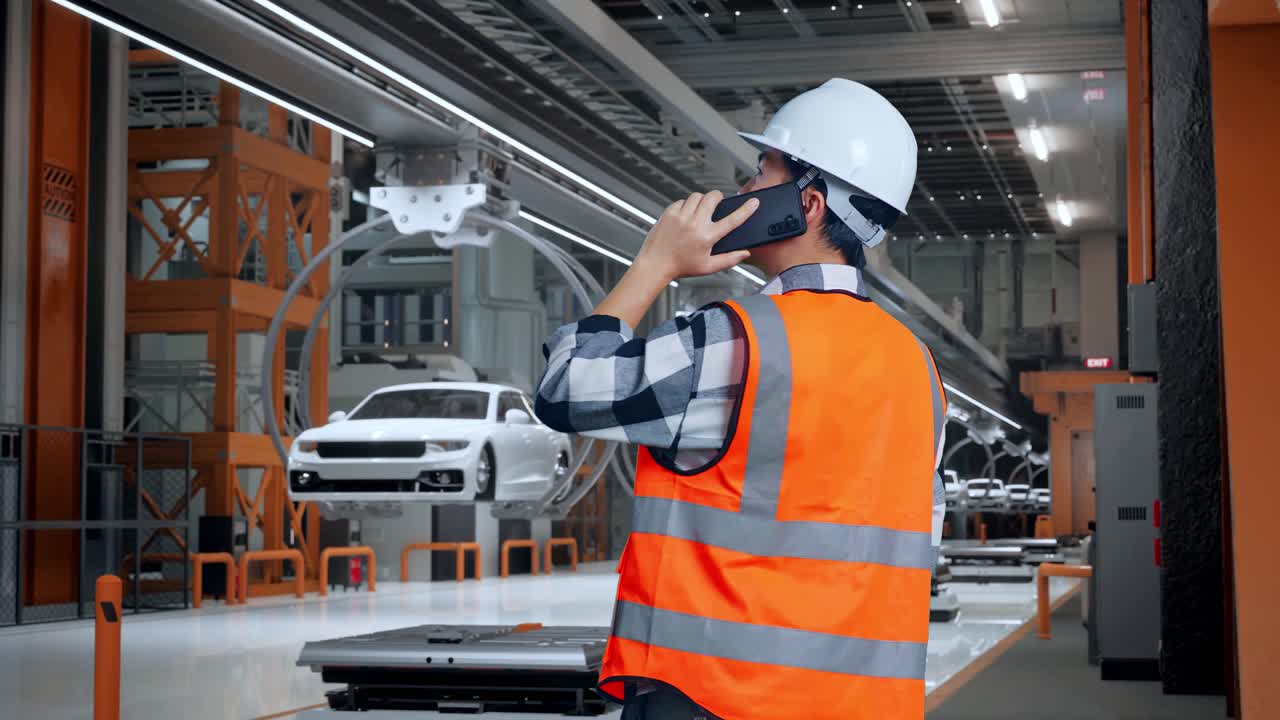 vista trasera de un ingeniero masculino asiático con casco de seguridad hablando en su teléfono inteligente mientras está de pie en una fábrica de automóviles ev