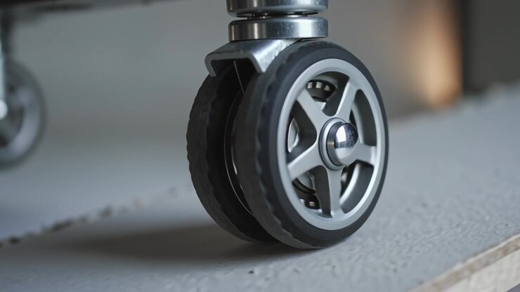 Rotating twin caster wheel rolling forward on particleboard after push, revealing star metal hub