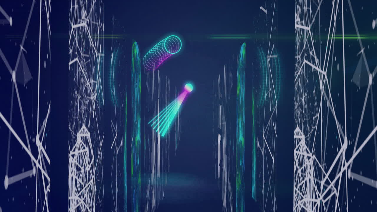 In futuristic school corridor, glowing lines and geometric shapes creating animation