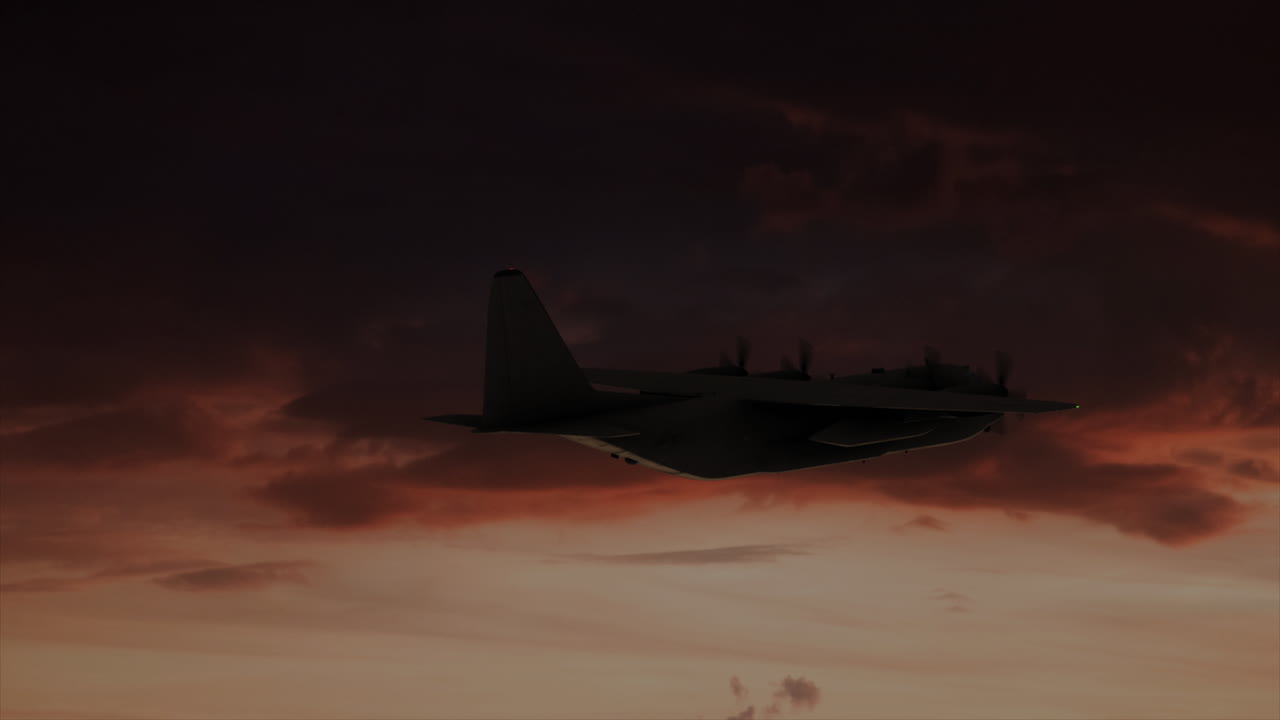 4K Aerial C-130 climbing at dusk