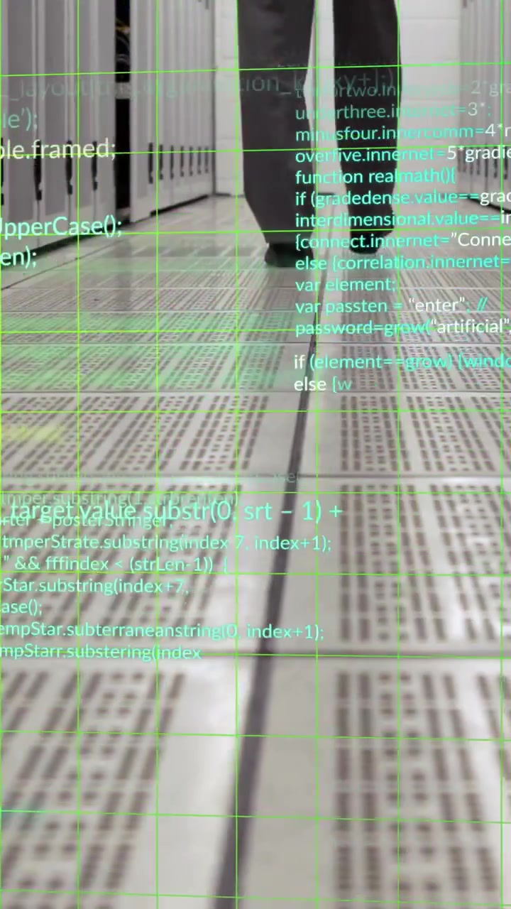Animazione di uomo d'affari che cammina ed elaborazione dati su sala server