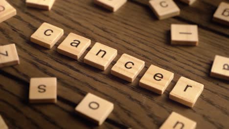 a hand arranges wooden tiles to form the word cancer on a wooden surface under warm lighting.