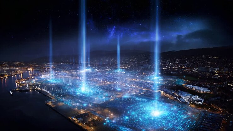 An Awe-Inspiring Aerial View of a Futuristic Cityscape Illuminated by Radiating Beams of Light, Showcasing a Blend of Technology, Urban Development, and Celestial Wonder Against a Night Sky