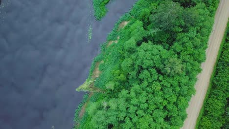 aerial birdseye view of a venta river on a sunny summer day, lush green trees and meadows, beautiful rural landscape, wide angle drone dolly shot moving left