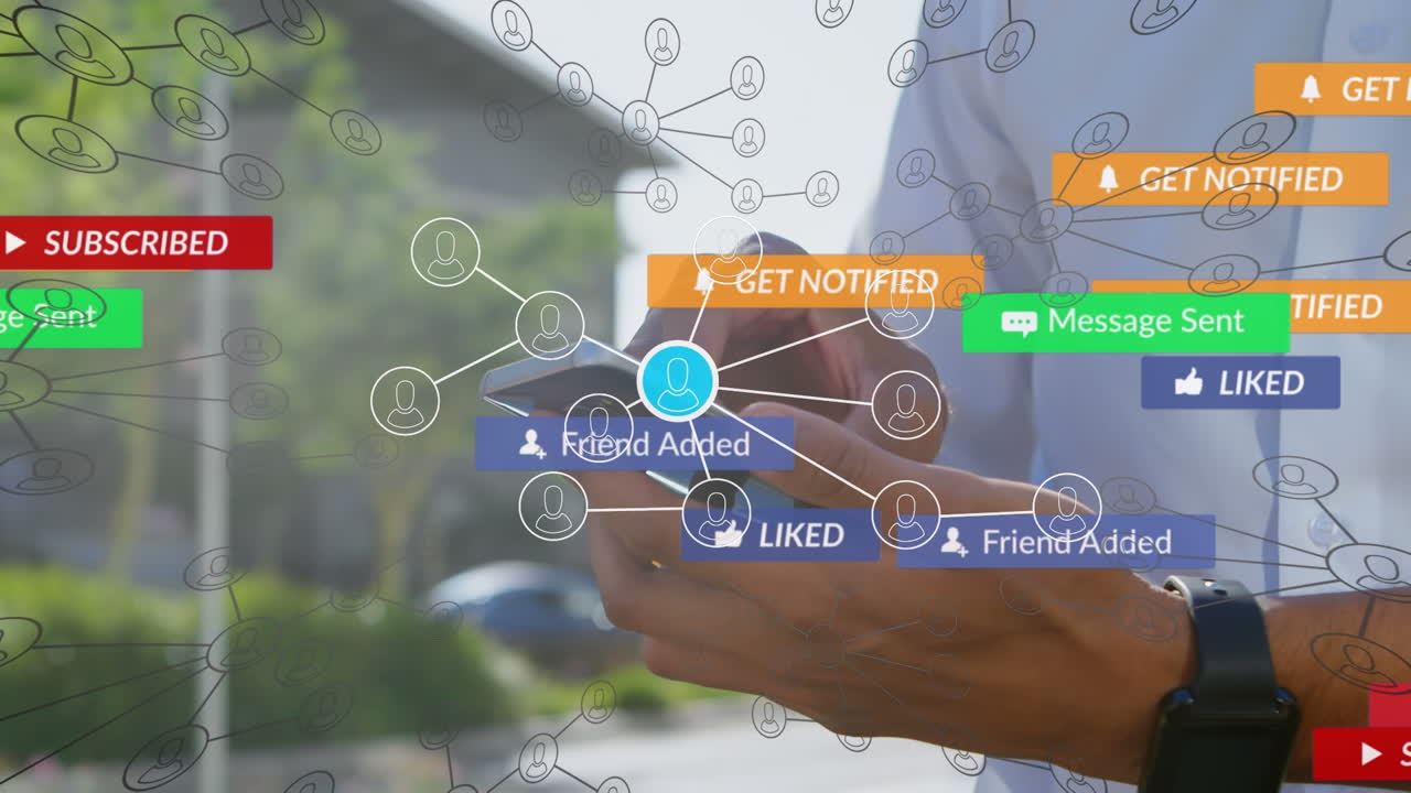 Animation of network of connections with icons and texts over biracial man using smartphone