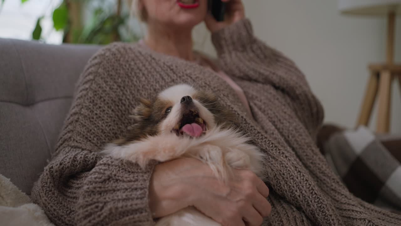 A woman holding her dog while on a phone call