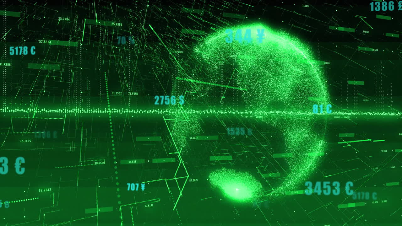 Digital globe with data points and numbers in green futuristic animation