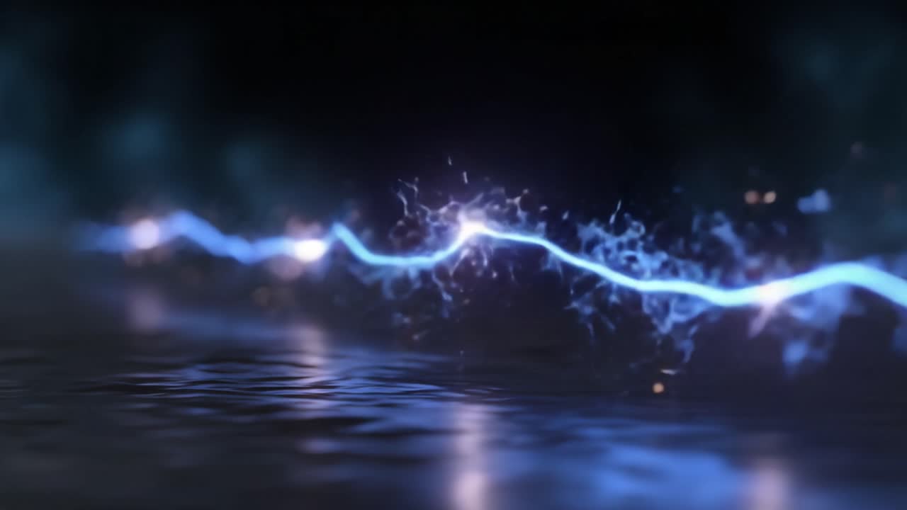 Dynamic Blue Electric Energy Wave Flowing Across a Dark Surface with Sparks and Reflections, Capturing the Fascination of Light and Water Interaction
