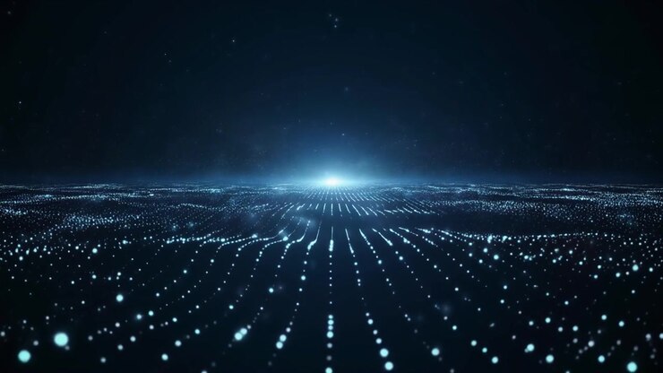 Onda digitale astratta di particelle blu luminose che si muovono nello spazio.