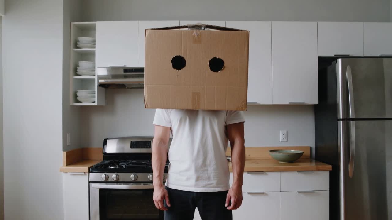 Standing man wearing white tee shifting slightly after cardboard box placement in modern kitchen