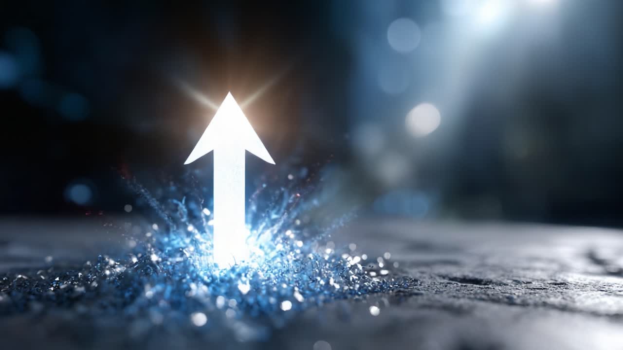 A Stunning Graphic Representation of Progress and Ascension with a Sparkling Arrow Breaking Through the Surface in a Darkened Background Atmosphere