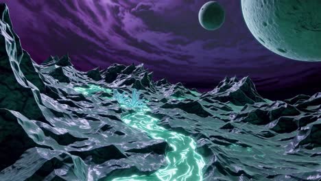 alien landscape with glowing rivers and crystals