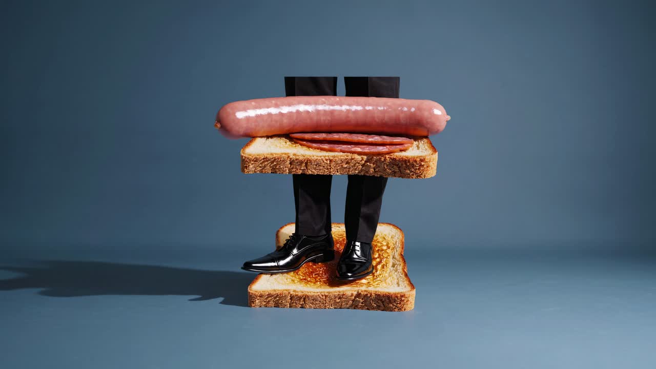 sándwich surrealista con piernas de negocios