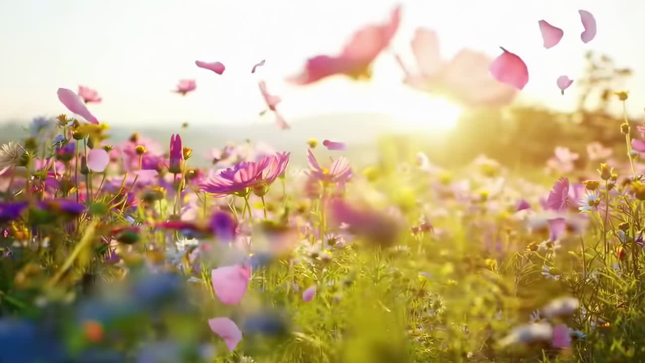 A serene video of pink flowers and petals in a meadow at sunrise, captured from a low angle