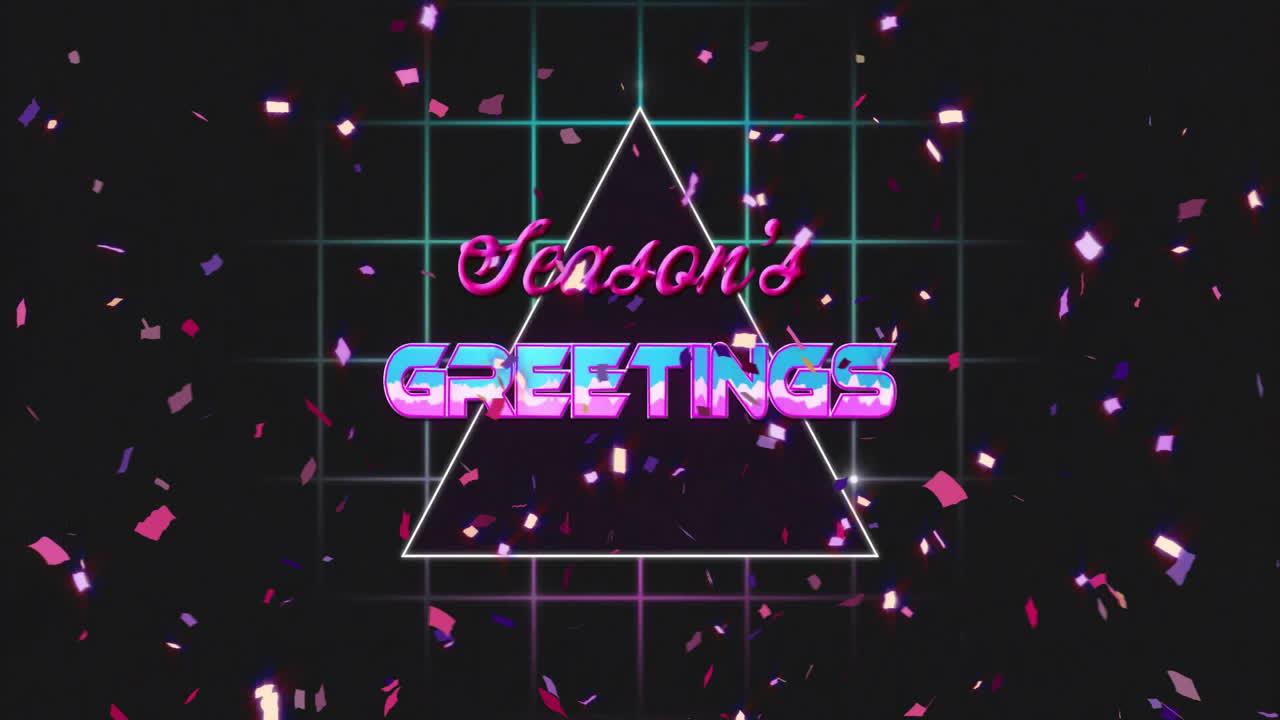 Animation of season greetings text over confetti falling