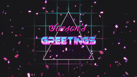 animation of season greetings text over confetti falling