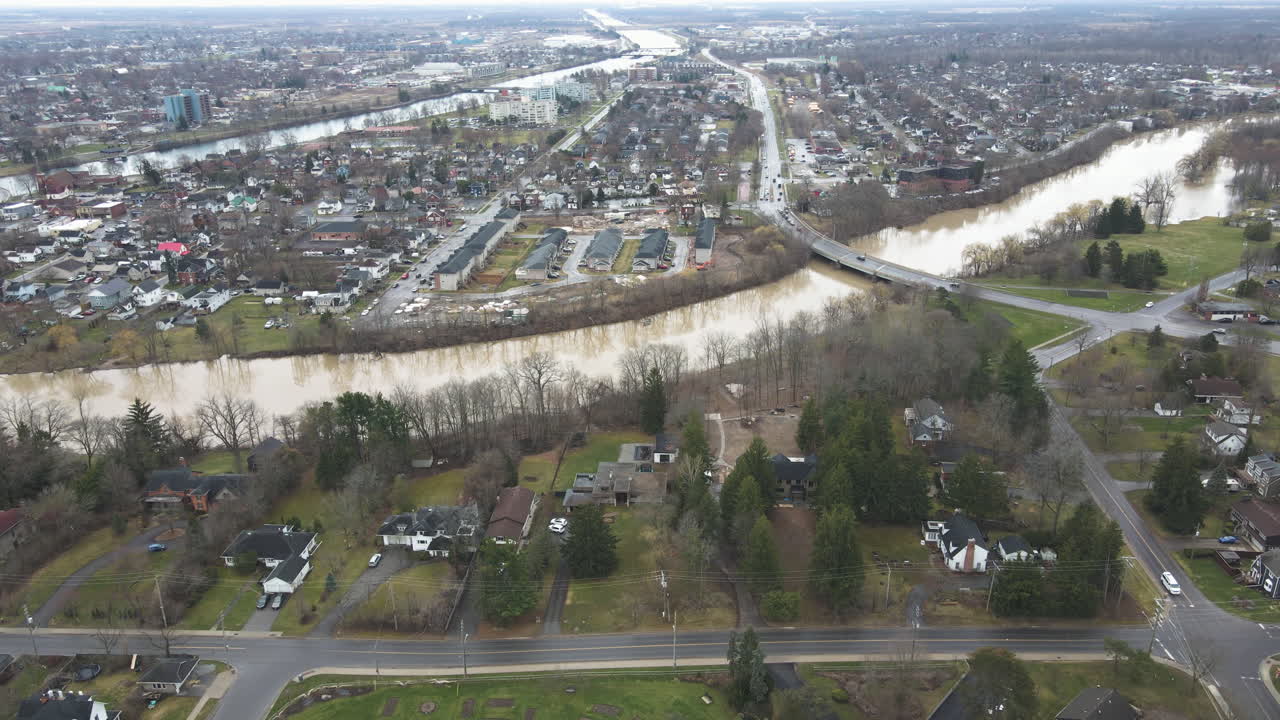 Welland Canals Through St. Catharines City In Ontario, Canada. Aerial Drone Shot